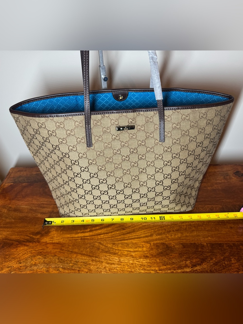 Brown Tote with Blue Interior. No Brand.